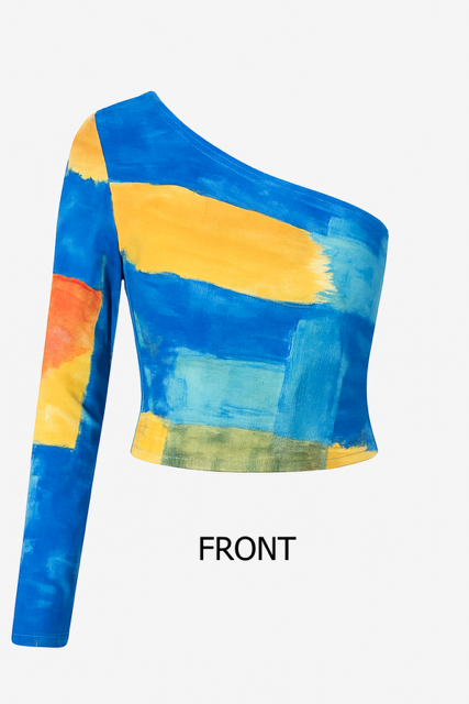 Abstract One-Shoulder Crop Top